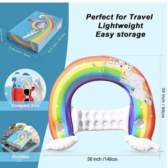 Rainbow Pool Lake Float Chair Lounger Inflatable with Seat & 2 Cup Holders-NEW! - Picture 5 of 5